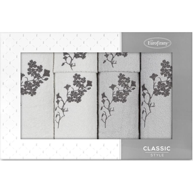 Dvieļu komplekts kastītē 6gab Ziedu balti sudraba ziedi 380g/m2