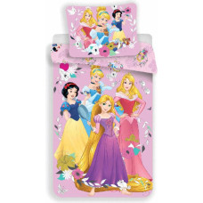 Kokvilnas gultas veļa 140x200 Princeses 6763 Princess Cinderella Snow White Aurora Bella rozā spilvendrāna 70x90
