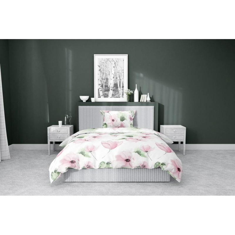 Satīna gultasveļa 140x200 4451 Balti rozā zaļi ziedi ar vienu spilvendrānu Home Satin 126