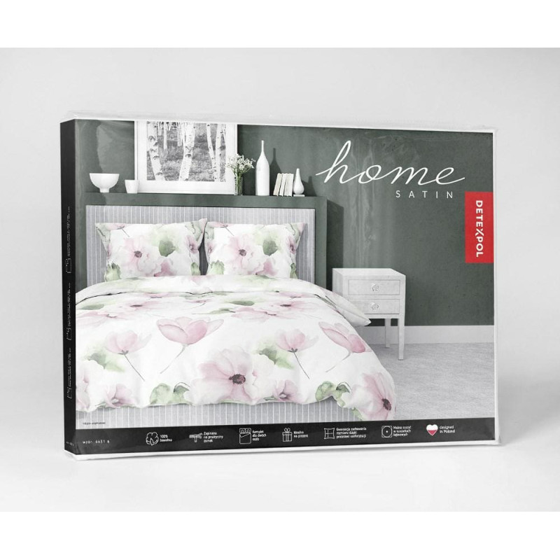 Satīna gultasveļa 140x200 4451 Balti rozā zaļi ziedi ar vienu spilvendrānu Home Satin 126