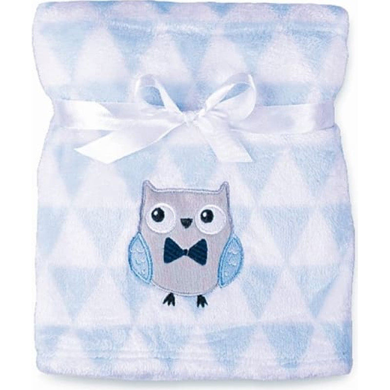 Bērnu sega 75x100 Ricco zila un balta, izgatavota no mikrošķiedras ar izšūtu pūces aplikāciju