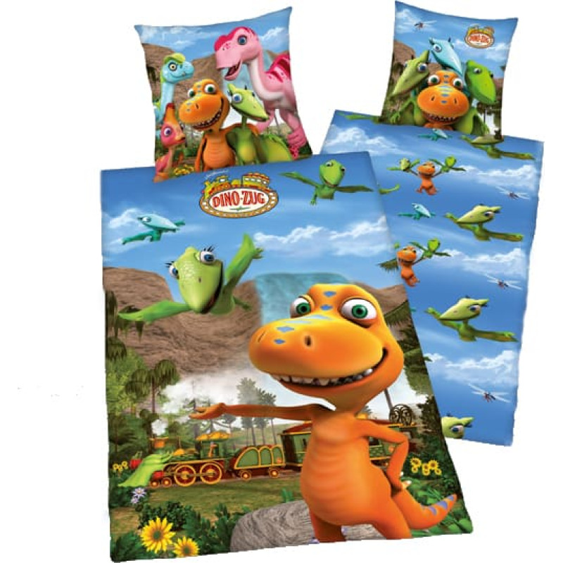 Kokvilnas gultas veļa 135x200 Dinotrain 4343 Dinozug Dinosaur spilvendrāna 80x80