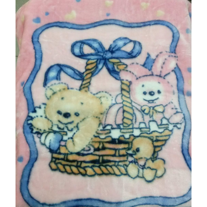 Akrila sega 80x110 E Lācītis, zaķis, pīle grozā uz rozā fona. Zemu cenu!!!