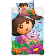 Kokvilnas gultas veļa 160x200 Dora the Explorer ar pērtiķi un krāsainiem ziediem 3231