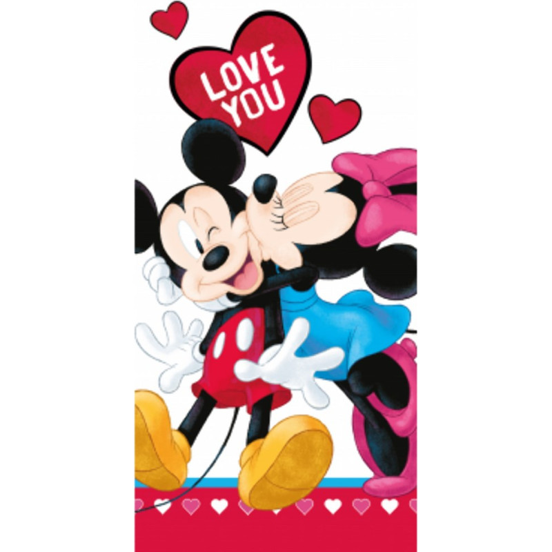 Pludmales dvielis 70x140 Mini un Mickey Mouse 1362 mīlas sirsniņas Valentīna dienai, kokvilna