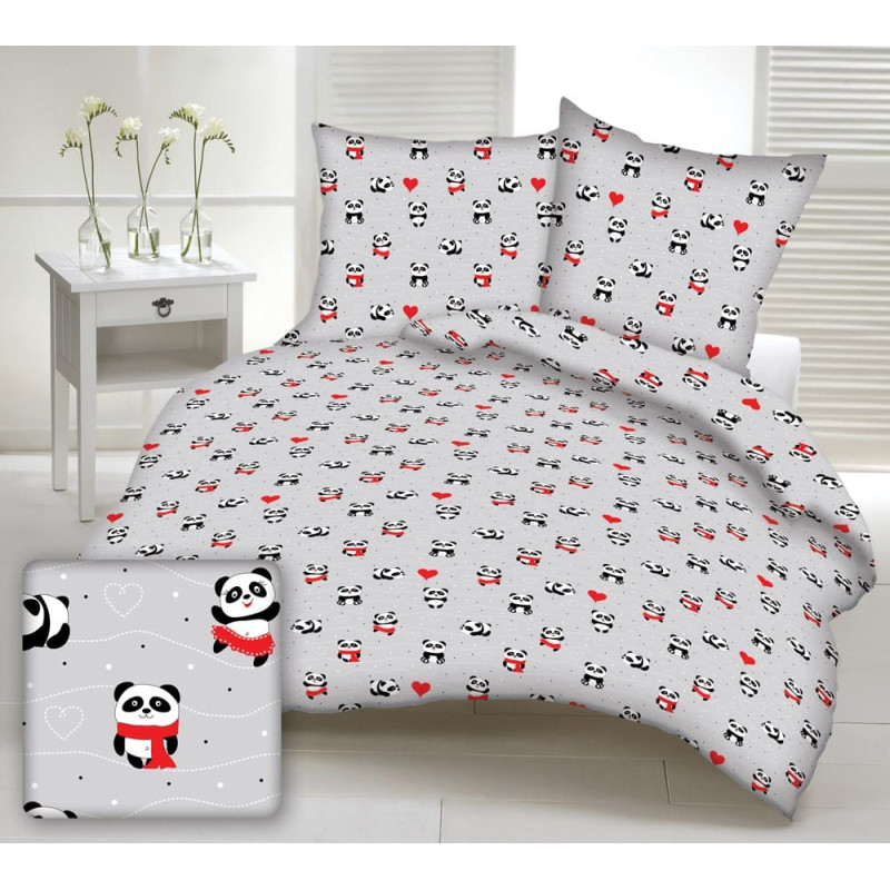 Kokvilnas spilvendrāna 40x40 1549E pelēkas laimīgas pandas šalles sarkanas sirdis