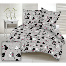 Kokvilnas gultasveļa 110x140 1529E pelēki kaķi balti melni pelēki peļu sirdis rozā kaklasaites