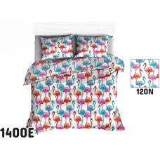 Kokvilnas gultas veļa 180x200 1400E balti flamingo krāsains svētku raksts 120N