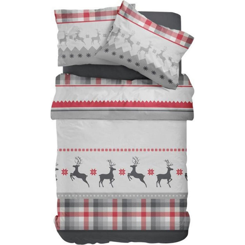 Flaneļa gultasveļa 160x200 2689 B pelēks sarkans rūtains ziemeļbriedis