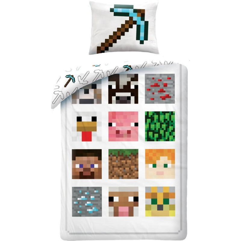 Kokvilnas gultas veļa 140x200 Minecraft 0051 Alex Steve Pickaxes balta spilvendrāna 70x90