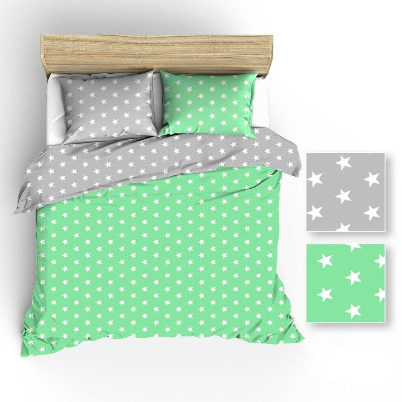 Kokvilnas gultas veļa 180x200 R005 pelēks seladons baltās zvaigznes 59N 58N