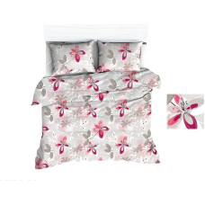 Kokvilnas gultasveļa 140x200 1689E krēmkrāsas ziedi lapas pelēks rozā 1141N