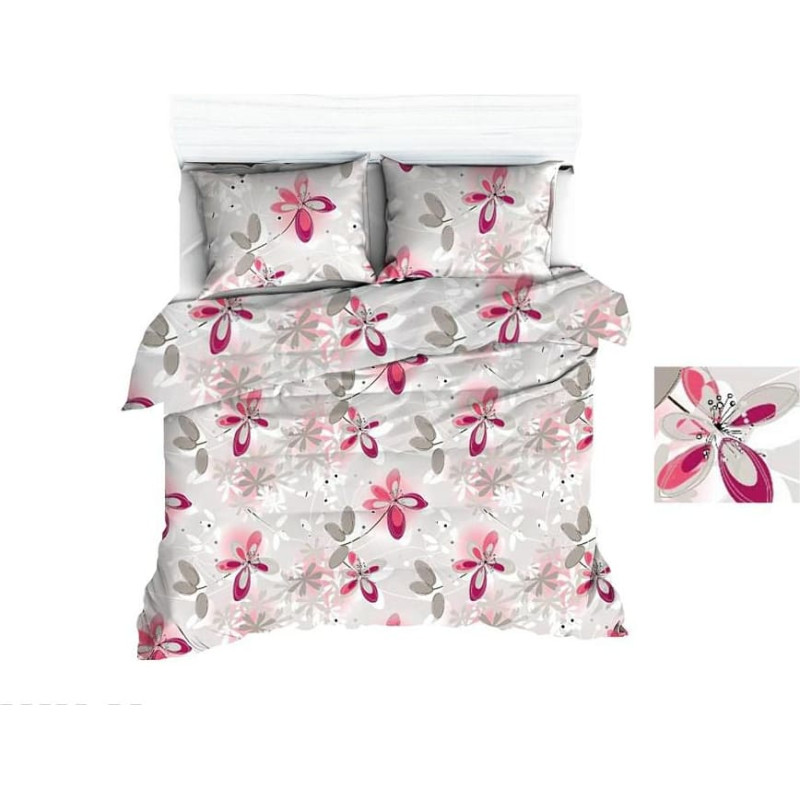 Kokvilnas gultasveļa 140x200 1689E krēmkrāsas ziedi lapas pelēks rozā 1141N