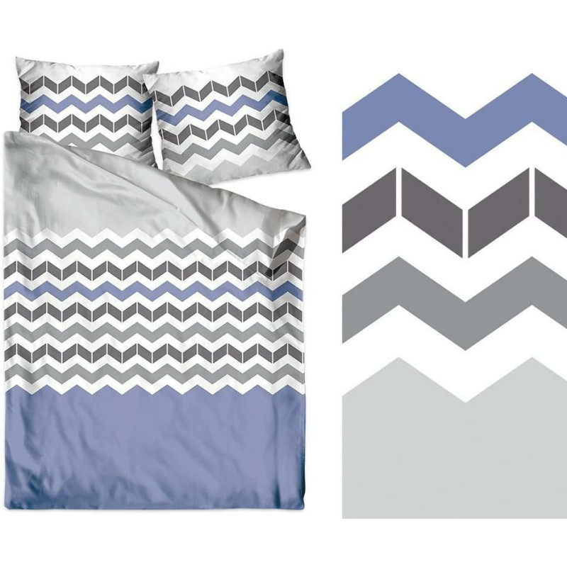 Satīna gultas veļa 140x200 Memo balts pelēks zils zigzags
