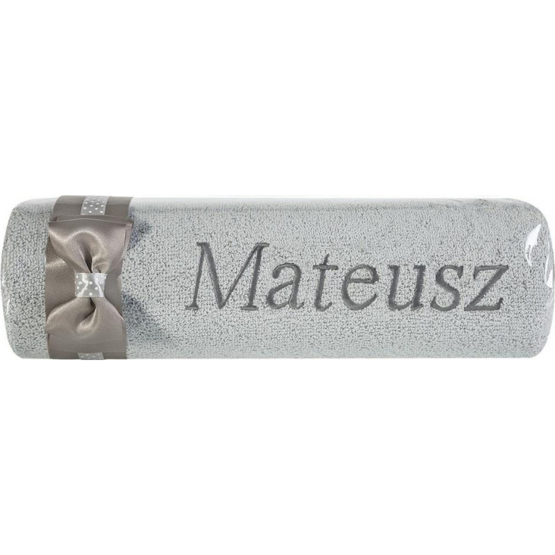 Dvielis ar izšuvumu 50x90 Mateusz sudrabaini pelēka bantīte vārda dienas dāvanai