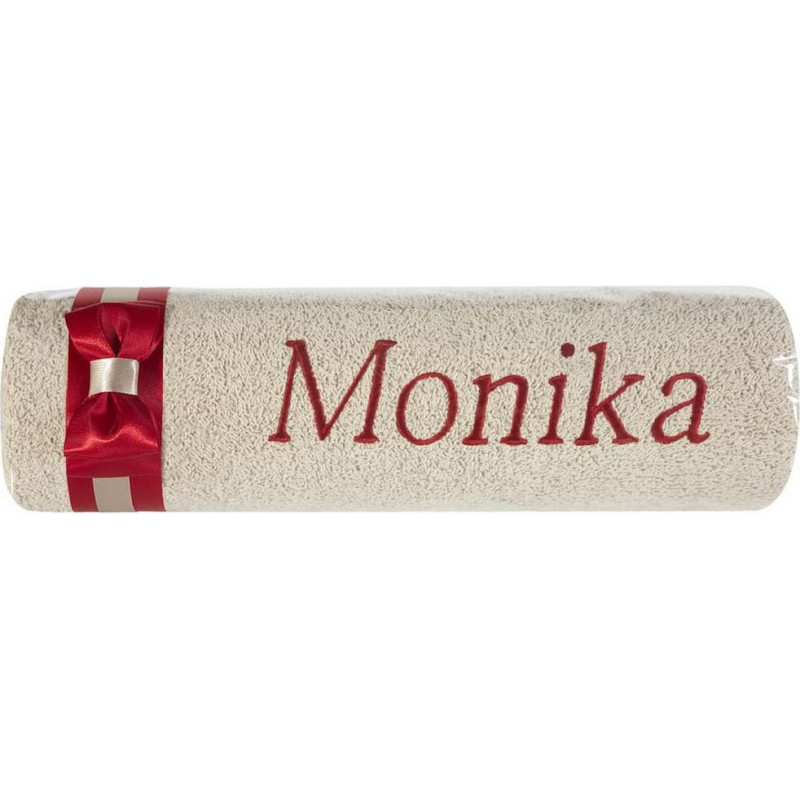 Dvielis ar izšuvumu 50x90 Monika bēša bordo bantīte vārda dienas dāvanai