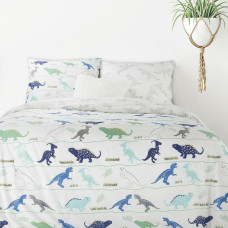 Kokvilnas gultas veļa 140x200 Dinosaurs Dino balts piparmētru tumši zils abpusējs