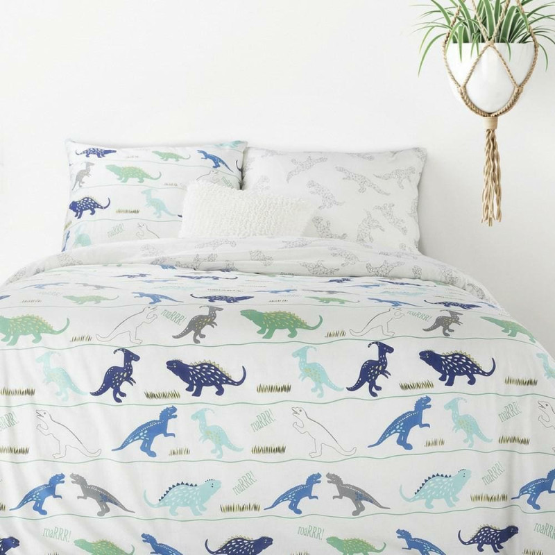 Kokvilnas gultas veļa 140x200 Dinosaurs Dino balts piparmētru tumši zils abpusējs