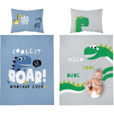 Kokvilnas gultas veļa 90x120 Dinozauri zila pelēka zaļa 3314 A bērnu gultai 6245 spilvendrāna 40x60