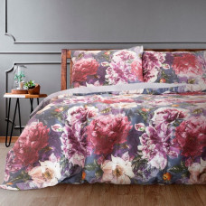 Satīna pakaiši 160x200 Peonijas ziedi krāsoti pelēki violeti sarkani zaļš augs kastītē Peonia Nova Print Gift