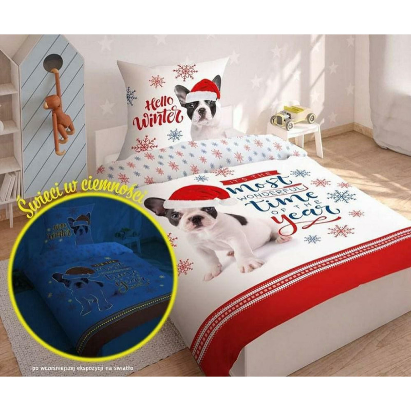 Tumsā mirdzoša gultasveļa 140x200 3354 Suns Ziemassvētku vecītis sniegapika Ziemassvētku cepure, kokvilna, dāvana jauniešiem