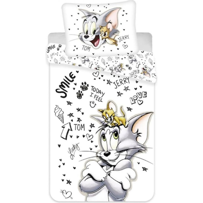 Kokvilnas gultas veļa 140x200 Toms un Džerijs 5907 smaida uzraksti smile spilvendrāna 70x90