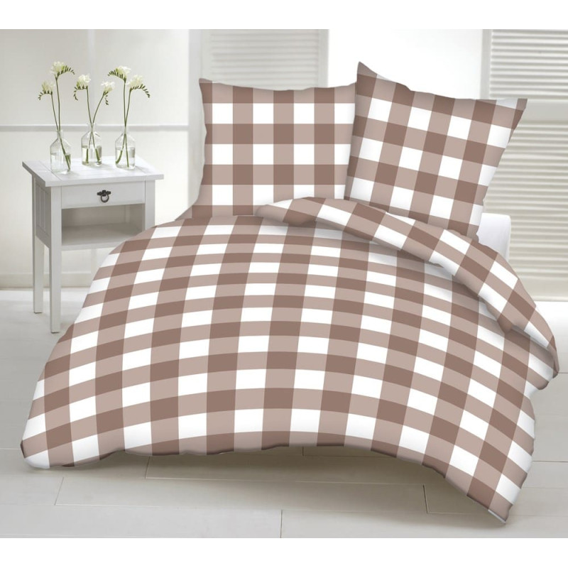 Korķa gultasveļa 200x200 171b bēša balti rūtaini ar pogām 100% kokvilna