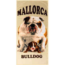 Pludmales dvielis 72x146 liels Monica 22 Maljorkas suns Bulldog bēšs mikrošķiedras 270g/m2 peldbuldogs