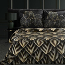 Satīna gultasveļa 220x200 Victoria 2 melnā zelta ģeometrijas lapas Limited Collection