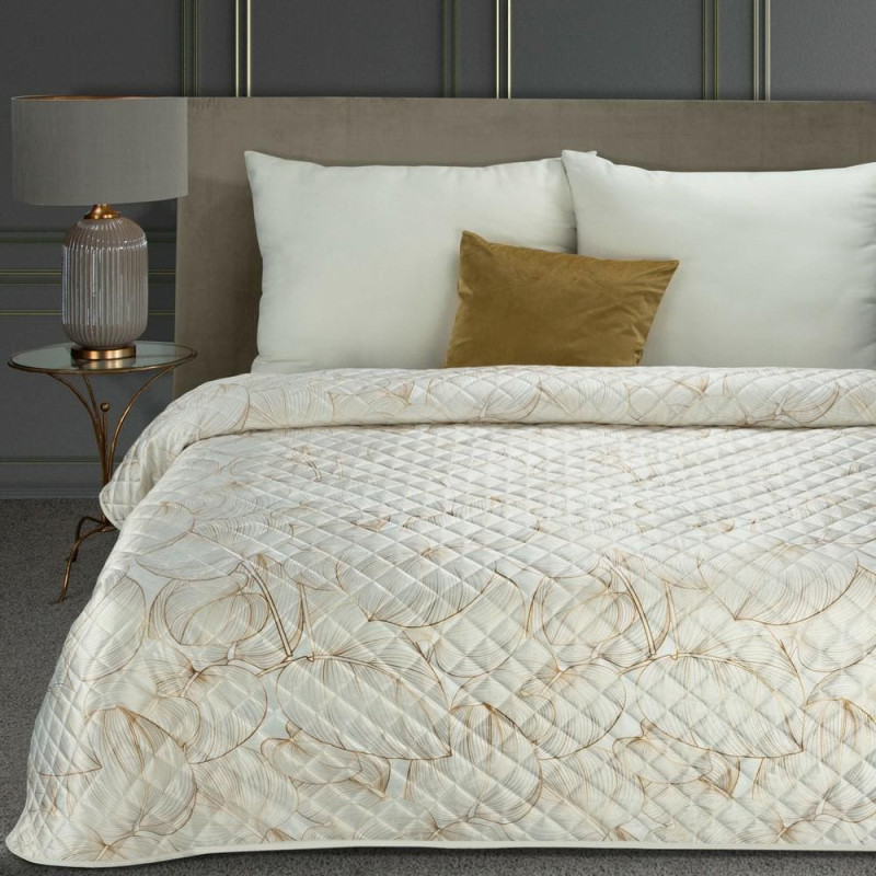 Dekoratīvais gultas pārklājs 220x240 Blanca 1 baltā zelta samta lapas Limited Collection