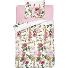 Kokvilnas gultasveļa 220x200 ziedi 3880 B balta krāsaina pļava Cotton 4