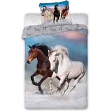 Kokvilnas gultas veļa 160x200 zirgi, kas lēca līcī un balts Horses 002 jauniešu spilvendrāna 70x80