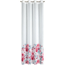 Aizkars 140x250 Carla, balts, rozā, izgatavots no gaiša etamīna ar otu krāsotu rožu motīvu, gatavs uz cilpām