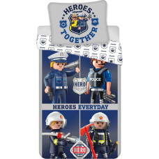 Kokvilnas gultas veļa 140x200 Playmobil PM021 tumši zila pelēka spilvendrāna 70x80 23. augusts