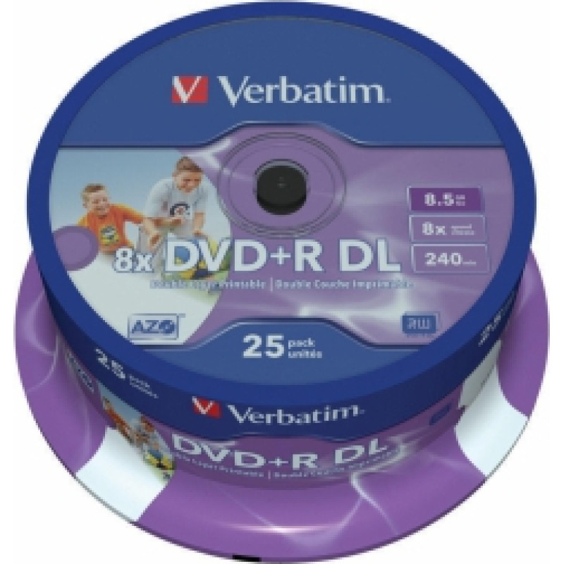 Matricas DVD+R DL Verbatim 8.5GB Double Layer 8x AZO Wide Printable non ID 25 Pack Spindle