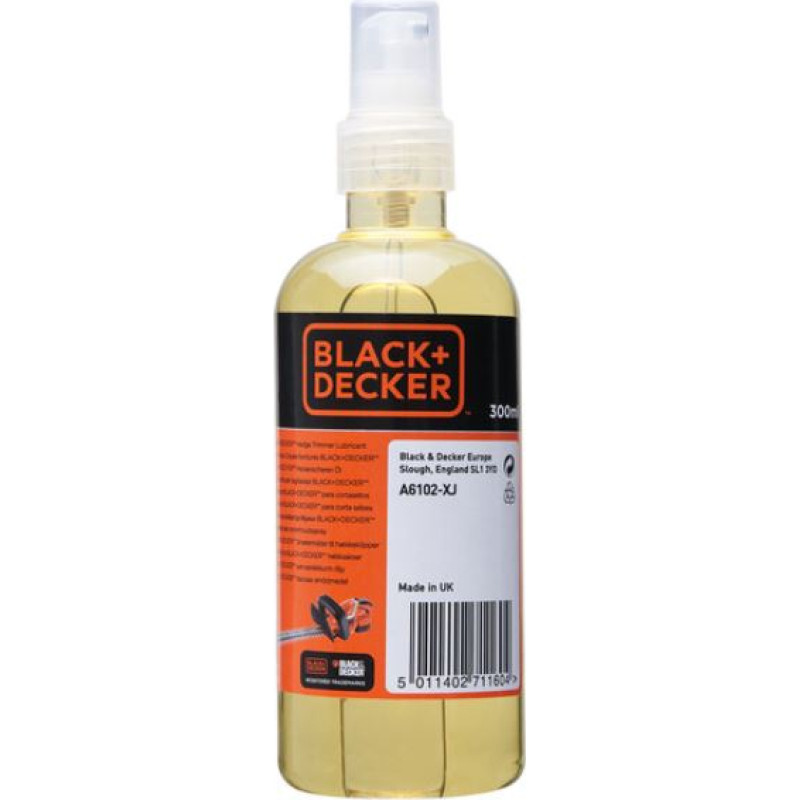 Black&Decker 300 ml izsmidzināšanas eļļa Black+Decker griezēju un dzīvžogu šķēru eļļošanai [A6102-XJ]