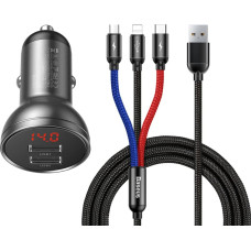 Baseus Automašīnas lādētājs 2x USB 4.8A 24W ar LCD displeju + 3in1 kabelis 1.2m melns
