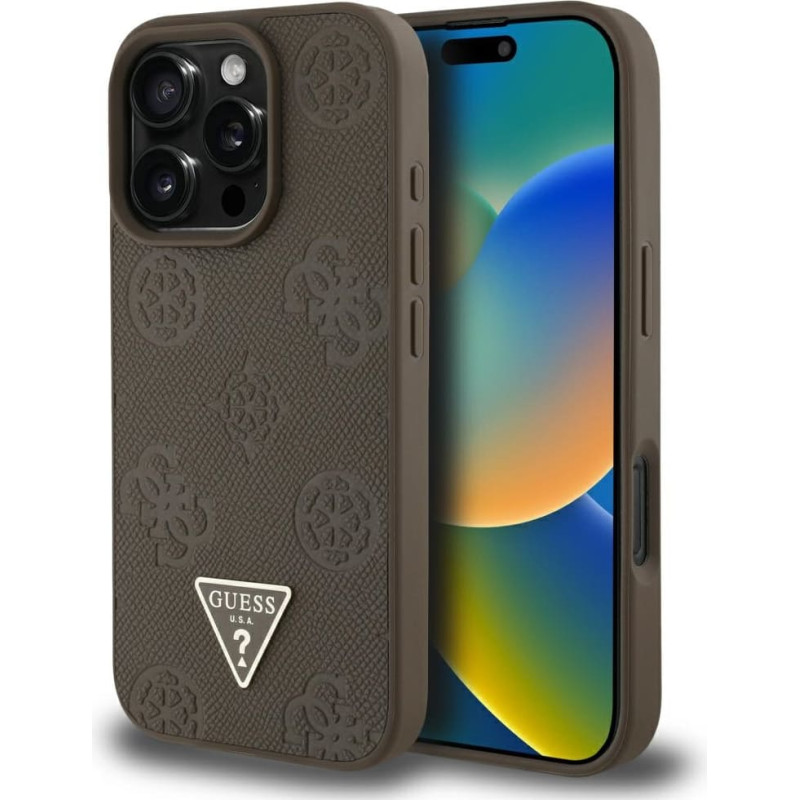 Case Guess Grained Hot Stamp Peony       Triangle Logo MagSafe for iPhone 16 Pro brown