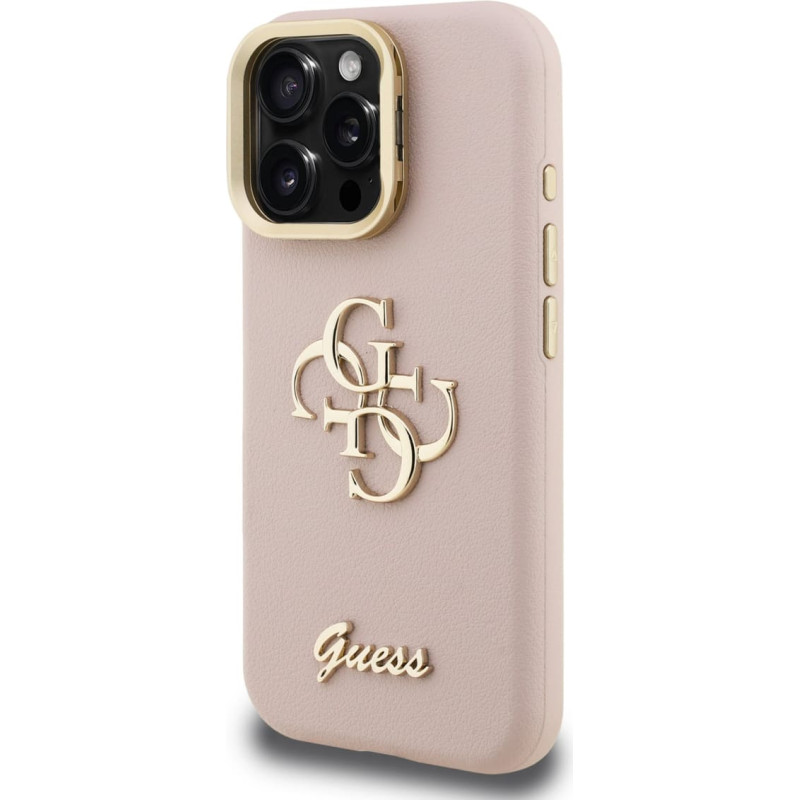 Guess PU Grained 4G Logo Stand Camera Frame Case for iPhone 15 Pro Max Pink