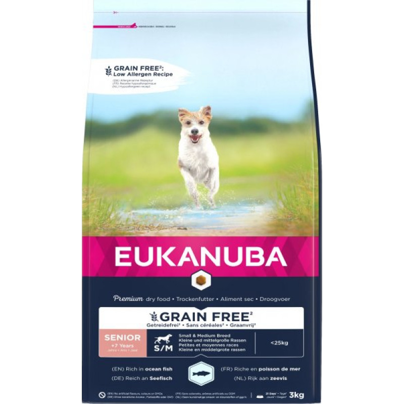 Eukanuba Sausa barība suņiem - Eukanuba Senior Small and Medium Ocean fish Grain Free, 3 kg