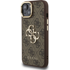 Guess PU 4G Metal Logo Stand Camera Frame Case for iPhone 14 Brown