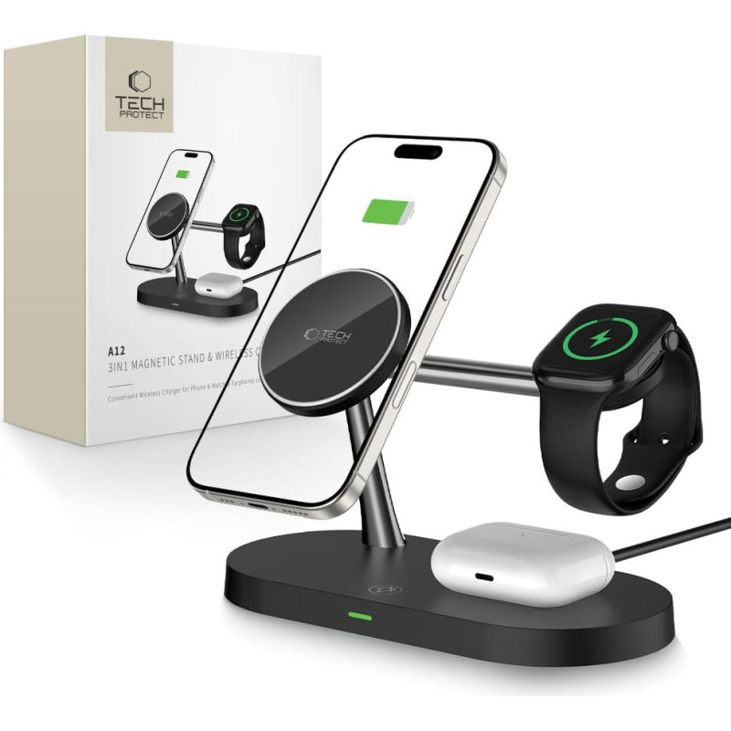 Tech-Protect 3-in-1 bezvadu lādētājs viedtālrunim, viedpulkstenim un austiņām ar MagSafe aizsardzību - melns