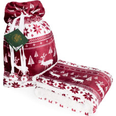 Ziemassvētku sega 150x200 cm bordo krāsā ar ziemeļbriežiem un eglītēm - dekoratīvā SACO maisiņā