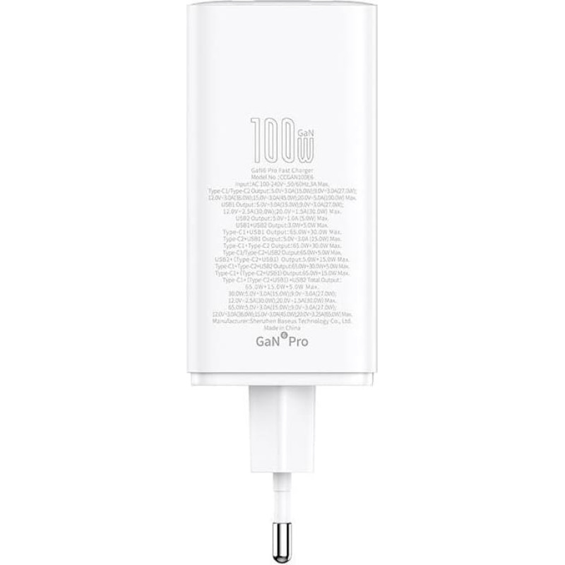 Wall charger Baseus GaN6 Pro 2xUSB-C + 2xUSB, 100W (white)