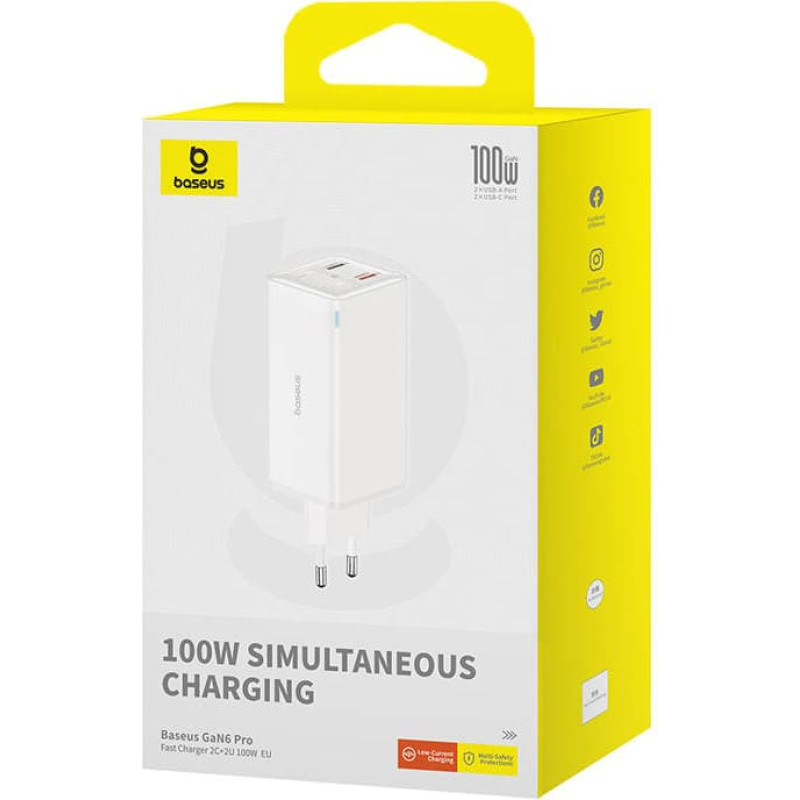 Wall charger Baseus GaN6 Pro 2xUSB-C + 2xUSB, 100W (white)