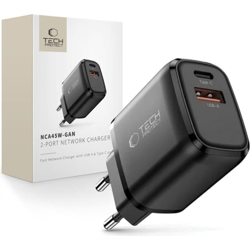 Tech-Protect NCA45W-GAN 2-Port USB-C | USB-A 45W Wall Charger - Black