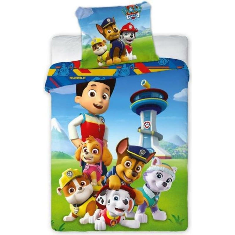 Kokvilnas gultas veļa 100x135 Paw Patrol Paw 1047 Marshall Skye Chase Team zaļa zila spilvendrāna 40x60 bērnu gultiņa