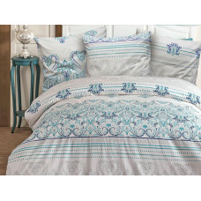 Kokvilnas gultas veļa 200x220 Albīnija balts tirkīzzils austrumu ornaments Cottonlove Exclusive