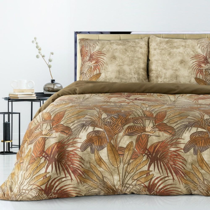Satīna gultasveļa 160x200 Marika bēša sarkana kastītē palmu lapas