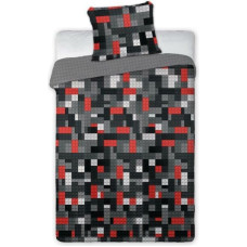 Kokvilnas gultas veļa 140x200 Blocks 025 like lego pelēks sarkans 3026 melns balts divpusējs jauniešu spilvendrāna 70x90